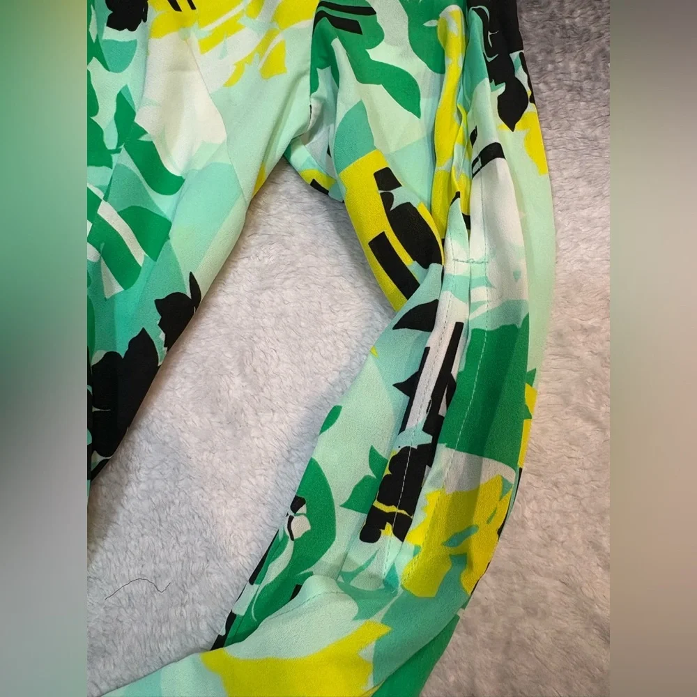 NWOT Kaari‎ Blue Green Yellow Print Tie Back Slit Sleeve Shift Dress Medium M